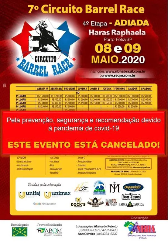 Cancelada a 4ª etapa do 7ºCircuito Barrel Race, que aconteceria no dias 8 e 9 de maio, no haras Raphaela