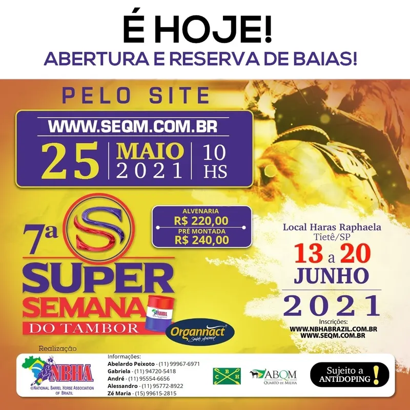 Comunicado sobre as Inscrições e Reservas de Baias da 7ª Super Semana do Tambor