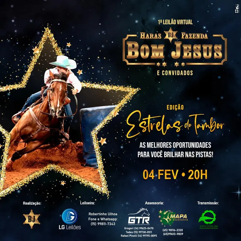 1º Leilão Virtual Haras Bom Jesus & Convidados – Edição Estrelas do Tambor, hoje às 20h